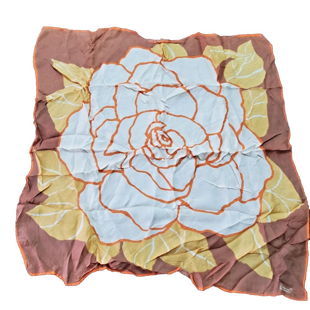 Vintage Burmel Scarf 23" Square Brown Gold Orange Flower MCM Mod 80s 90s Wrinkle
